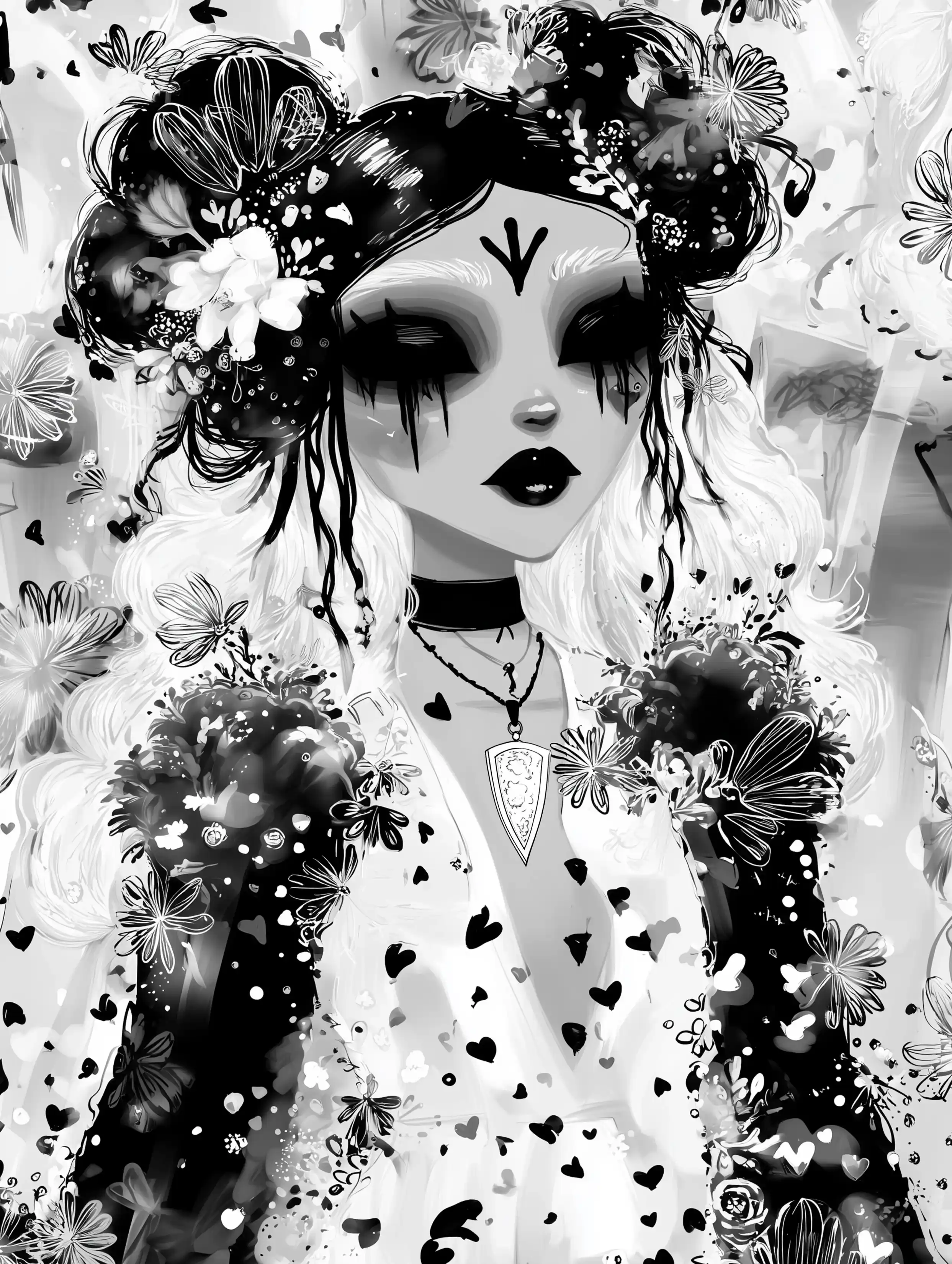 Free printable vampire coloring page for adults featuring a beautiful vampire with two buns in hair